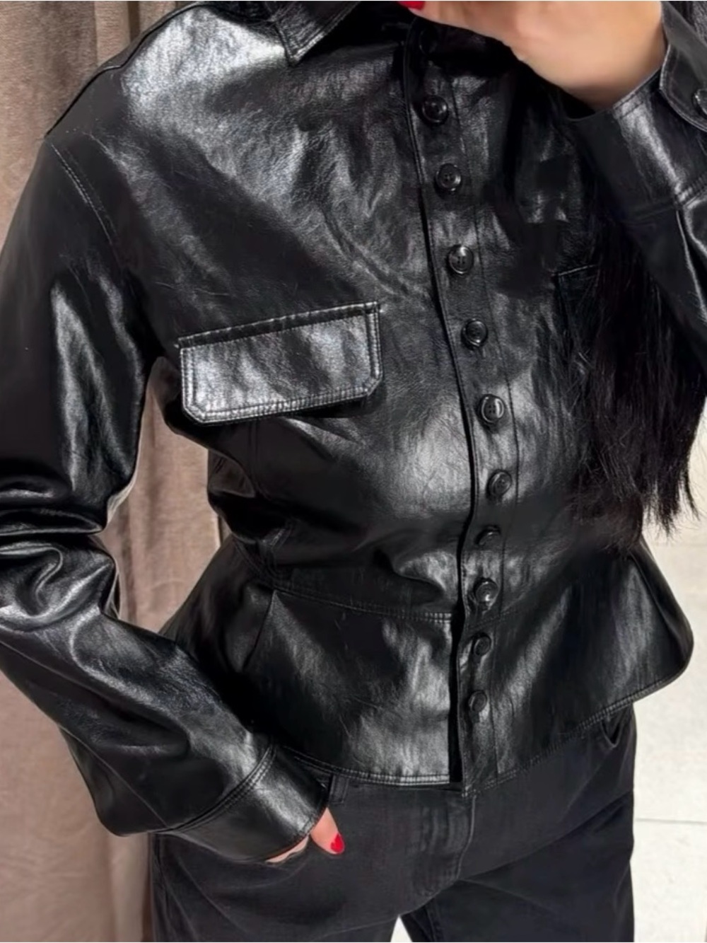 Zara Metallic Black Button-Front Leather Jacket
